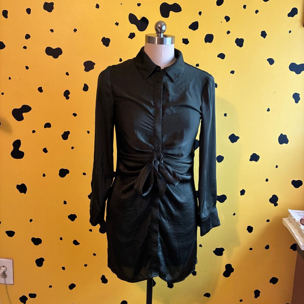 BB Dakota Satin Shirt Dress Dark Green Tie Waist Mini Dress Small